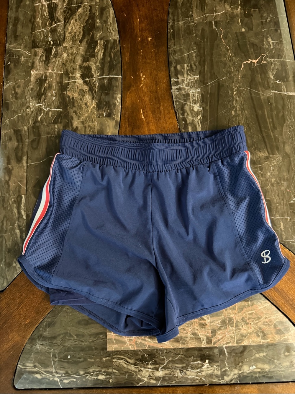 Women's Navy Athletic Shorts with Side Stripe - B Brand